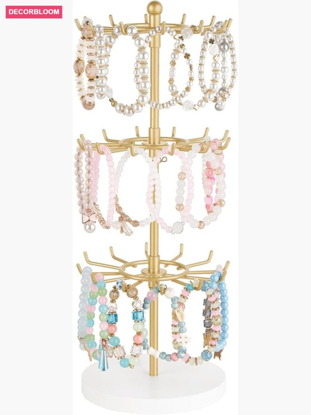 Gold 3-Tier Rotating Bracelet Display Stand with 36 Hooks and Wood Base